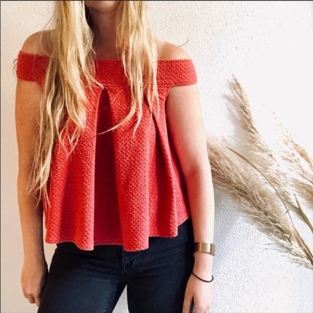 Free People Red/Burnt Orange Off Shoulder Pleated Top